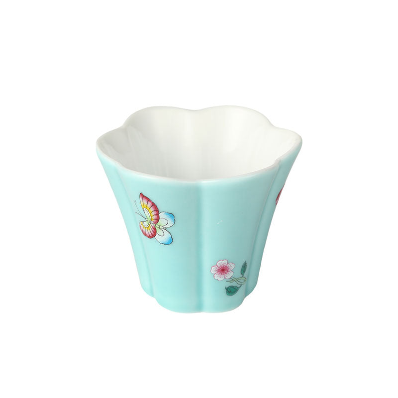 Turquoise Blue Glaze Butterfly and Flower Tulip Teacup -  • Teaware House