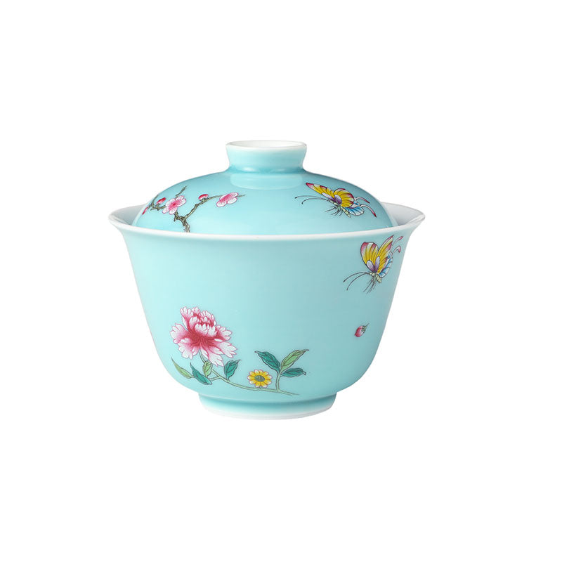 Turquoise Blue Glaze Butterfly and Flower Porcelain Gaiwan 95ml -  • Teaware House