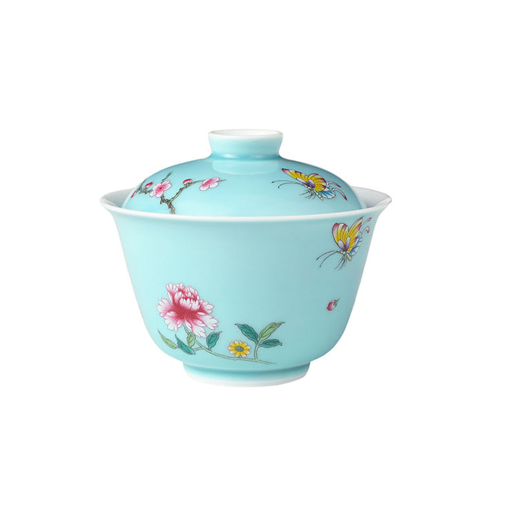 Turquoise Blue Glaze Butterfly and Flower Porcelain Gaiwan 95ml -  • Teaware House