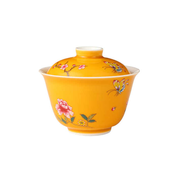 Orange Glaze Butterfly and Flower Porcelain Gaiwan 95ml -  • Teaware House