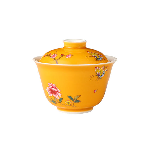 Orange Glaze Butterfly and Flower Porcelain Gaiwan 95ml -  • Teaware House