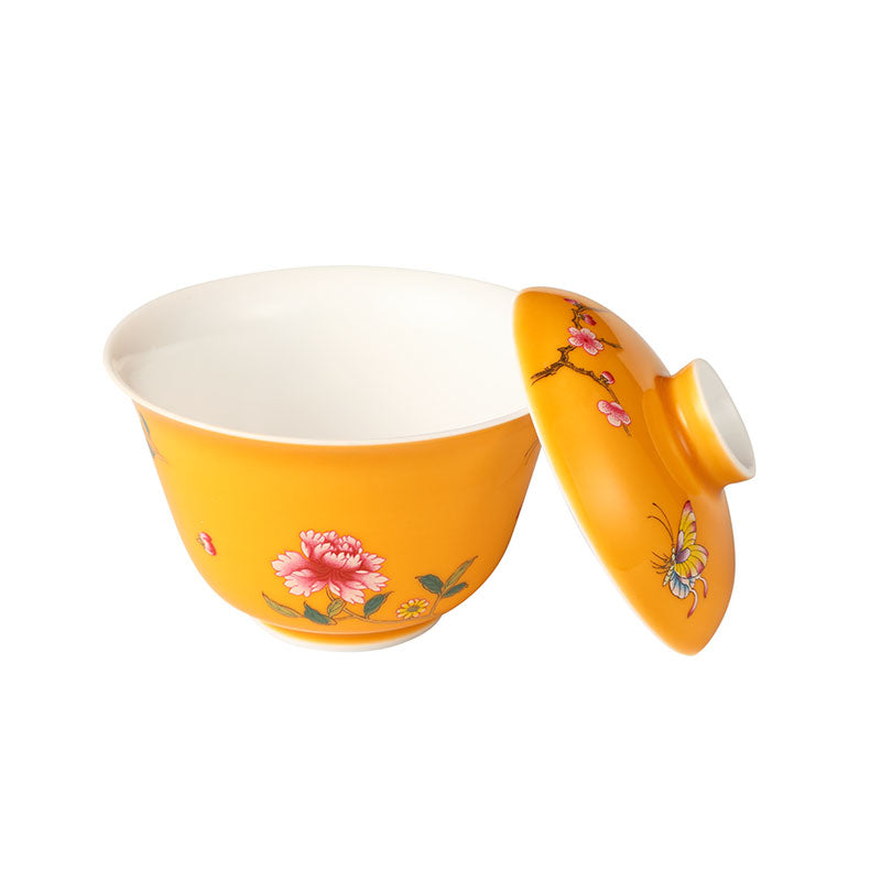 Orange Glaze Butterfly and Flower Porcelain Gaiwan 95ml -  • Teaware House
