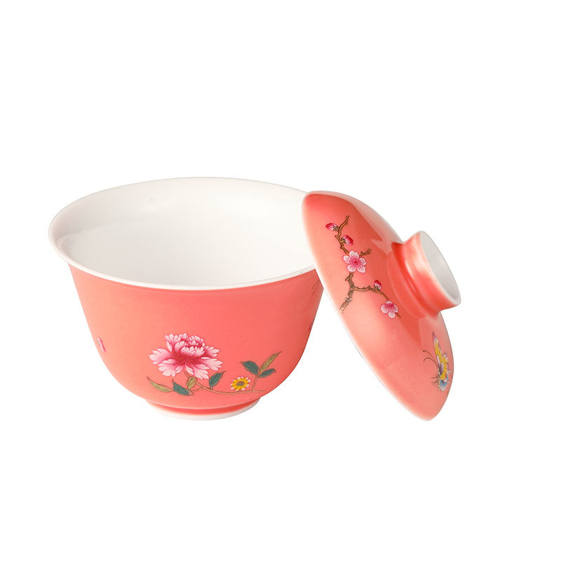 Peach Pink Glaze Butterfly and Flower Porcelain Gaiwan 95ml -  • Teaware House