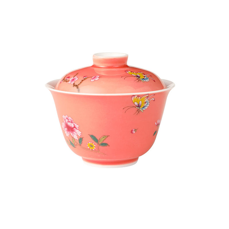 Peach Pink Glaze Butterfly and Flower Porcelain Gaiwan 95ml -  • Teaware House