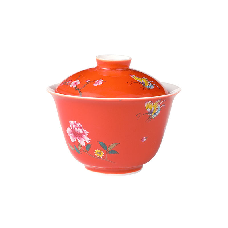 Red Coral Glaze Butterfly and Flower Porcelain Gaiwan 95ml -  • Teaware House