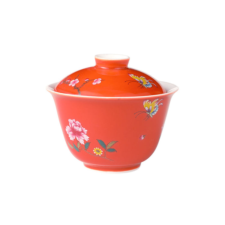 Red Coral Glaze Butterfly and Flower Porcelain Gaiwan 95ml -  • Teaware House