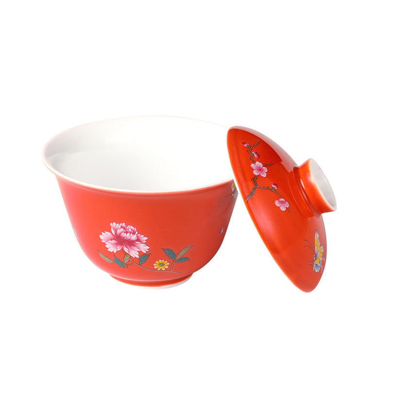 Red Coral Glaze Butterfly and Flower Porcelain Gaiwan 95ml -  • Teaware House