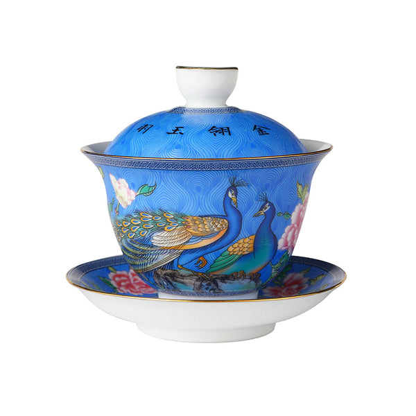 Indigo Glaze Gold Rimmed Peacock and Flower Gaiwan 140ml -  • Teaware House