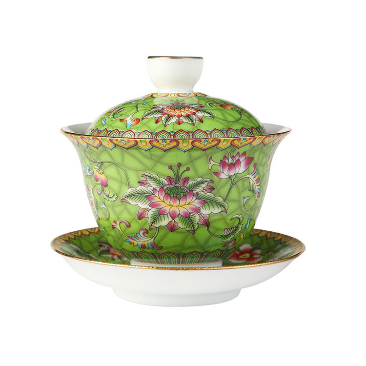 Entwined Lotus Pattern Grass Green Enamel Style Gaiwan 140ml -  • Teaware House