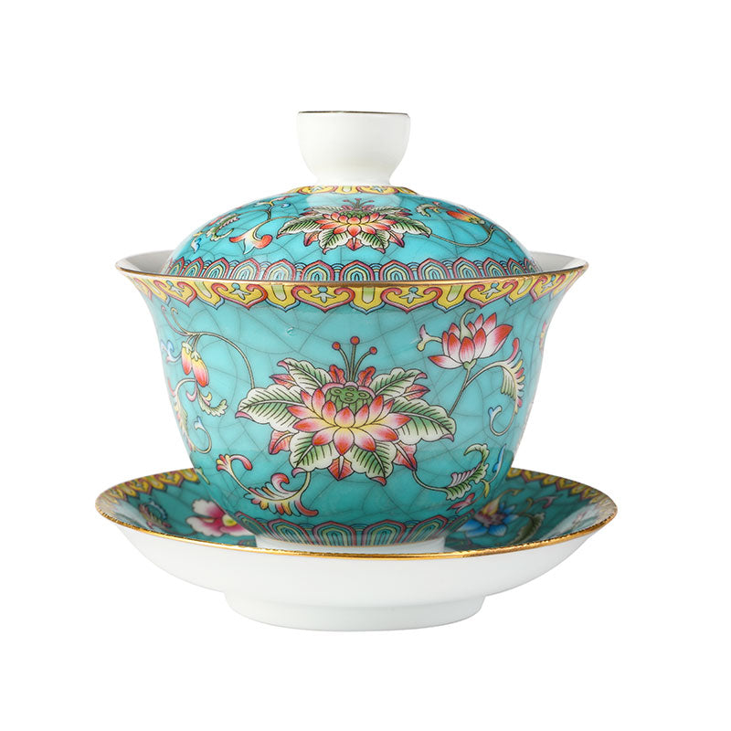 Entwined Lotus Pattern Turquoise Enamel Style Gaiwan 140ml -  • Teaware House