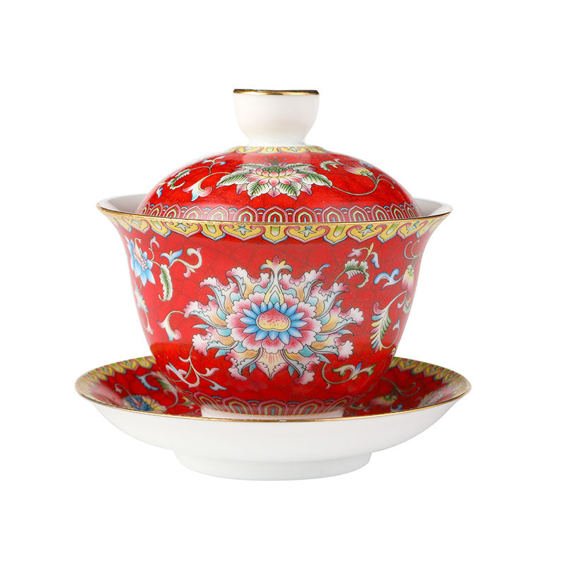Entwined Lotus Pattern Scarlet Red Enamel Style Gaiwan 140ml -  • Teaware House