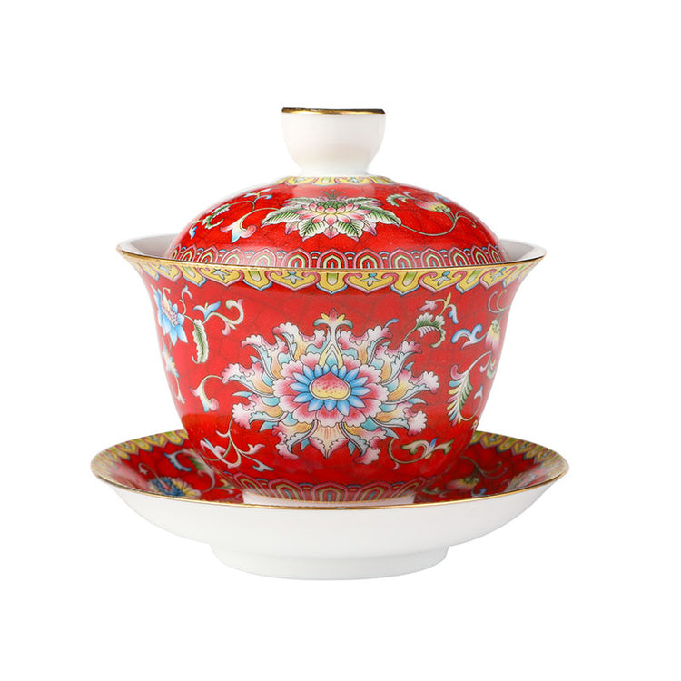 Entwined Lotus Pattern Scarlet Red Enamel Style Gaiwan 140ml -  • Teaware House