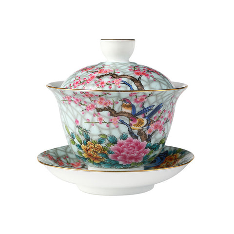 Faux Crackle  Glaze Birds Singing on Branches Gaiwan 140ml -  • Teaware House