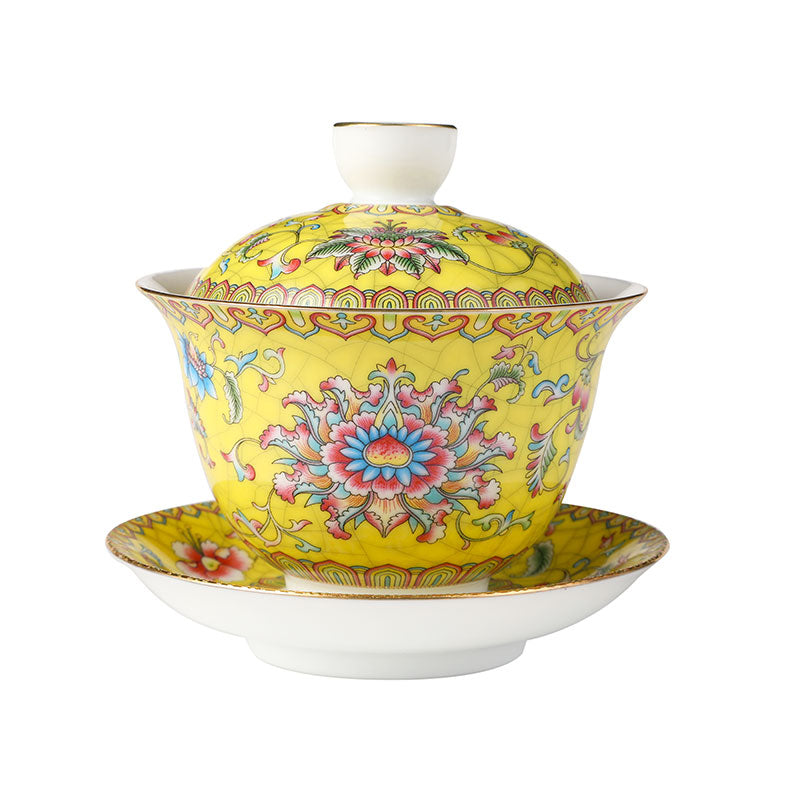 Entwined Lotus Pattern Yellow Enamel Style Gaiwan 140ml -  • Teaware House
