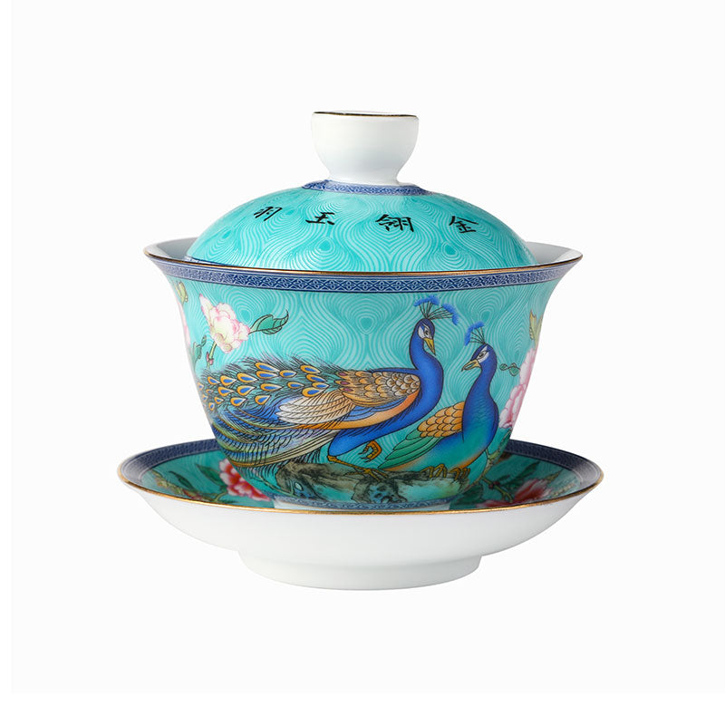 Turquoise Glaze Gold Rimmed Peacock and Flower Gaiwan 140ml -  • Teaware House