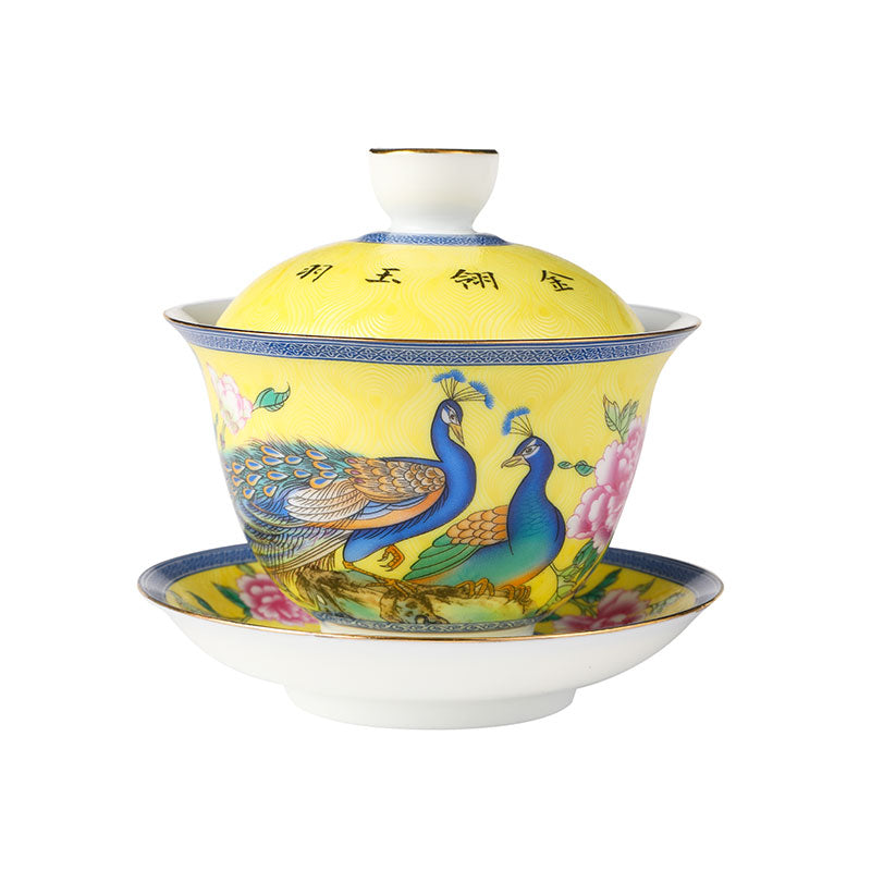 Yellow Glaze Gold Rimmed Peacock and Flower Gaiwan 140ml -  • Teaware House