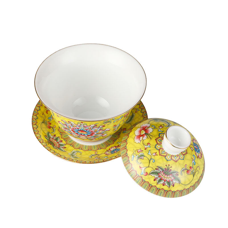 Entwined Lotus Pattern Yellow Enamel Style Gaiwan 140ml -  • Teaware House