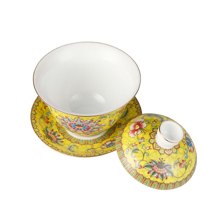 Entwined Lotus Pattern Yellow Enamel Style Gaiwan 140ml -  • Teaware House