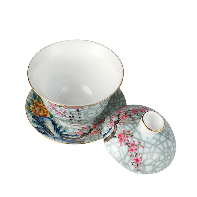 Faux Crackle  Glaze Birds Singing on Branches Gaiwan 140ml -  • Teaware House