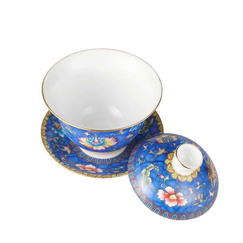Entwined Lotus Pattern Indigo Blue Enamel Style Gaiwan 140ml -  • Teaware House