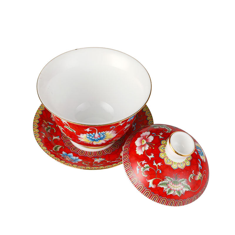 Entwined Lotus Pattern Scarlet Red Enamel Style Gaiwan 140ml -  • Teaware House