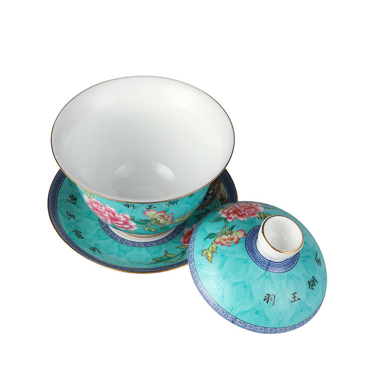 Turquoise Glaze Gold Rimmed Peacock and Flower Gaiwan 140ml -  • Teaware House