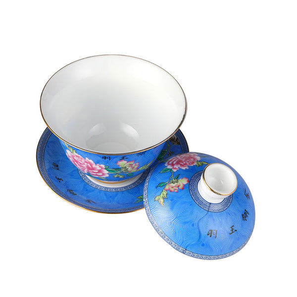 Indigo Glaze Gold Rimmed Peacock and Flower Gaiwan 140ml -  • Teaware House