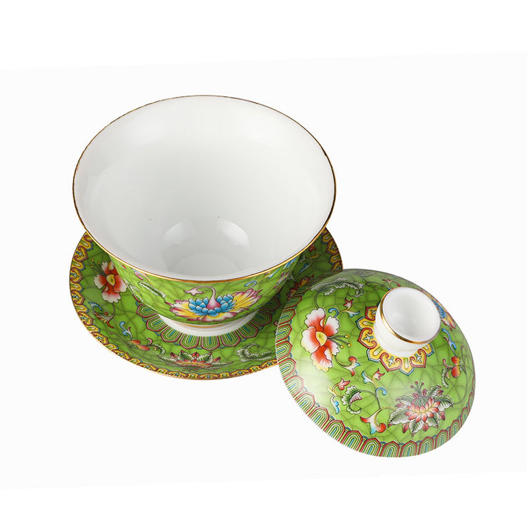 Entwined Lotus Pattern Grass Green Enamel Style Gaiwan 140ml -  • Teaware House