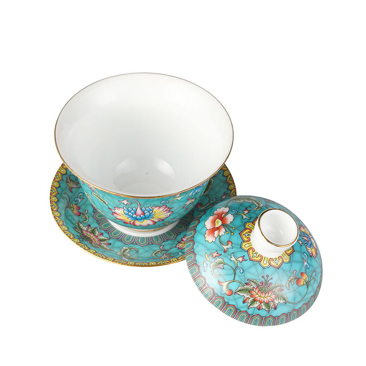 Entwined Lotus Pattern Turquoise Enamel Style Gaiwan 140ml -  • Teaware House