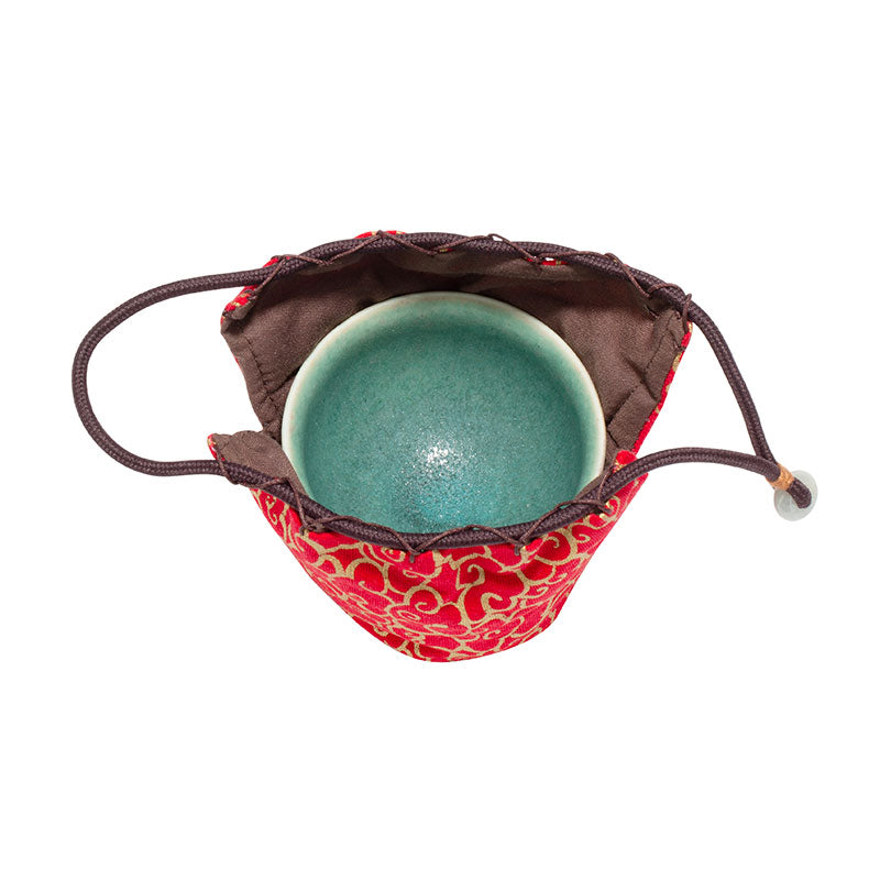 Drawstring Quilted Cloth Teaware Bag-Red with Golden Clouds Pattern -  • Teaware House