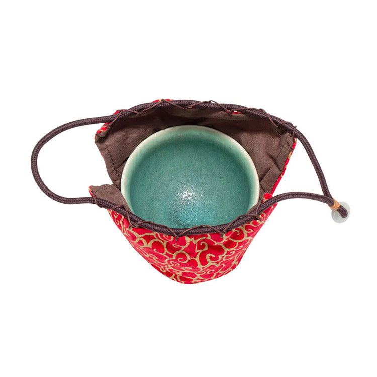 Drawstring Quilted Cloth Teaware Bag-Red with Golden Clouds Pattern -  • Teaware House