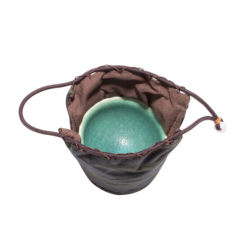 Drawstring Quilted Silk Teaware Bag-Black with Green Clouds Pattern -  • Teaware House