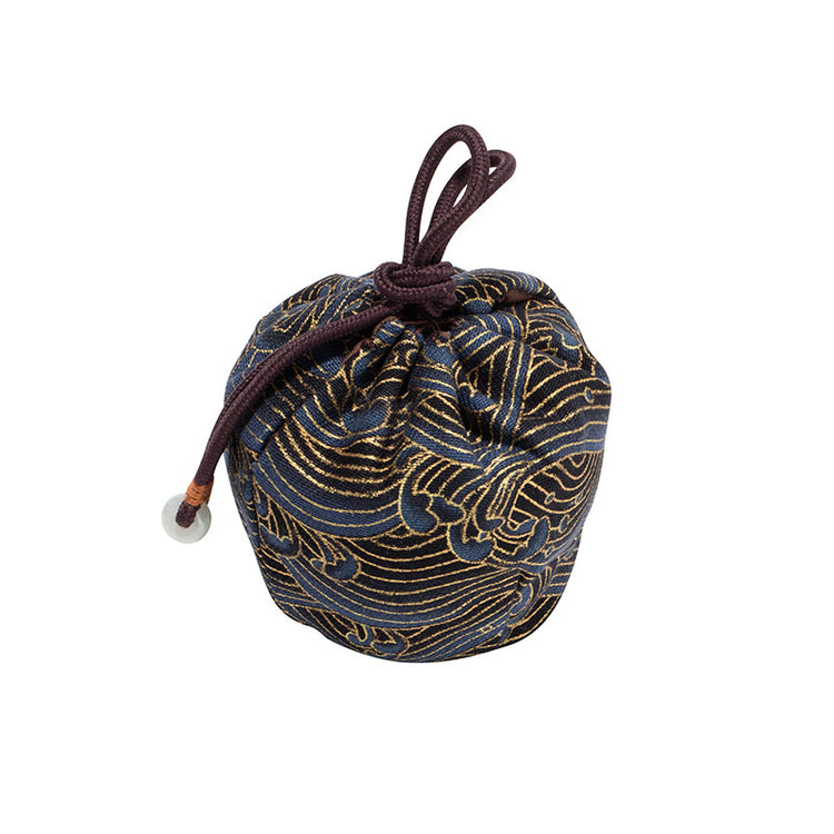 Drawstring Quilted Cloth Teaware Bag-Black with Gold Wave Pattern -  • Teaware House