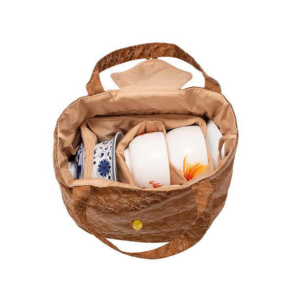 Quilted Jacquard Fabric Teaware Bag- Auburn Pine Needle -  • Teaware House