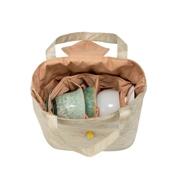 Quilted Jacquard Fabric Teaware Bag- Pearl White Pine Needle -  • Teaware House