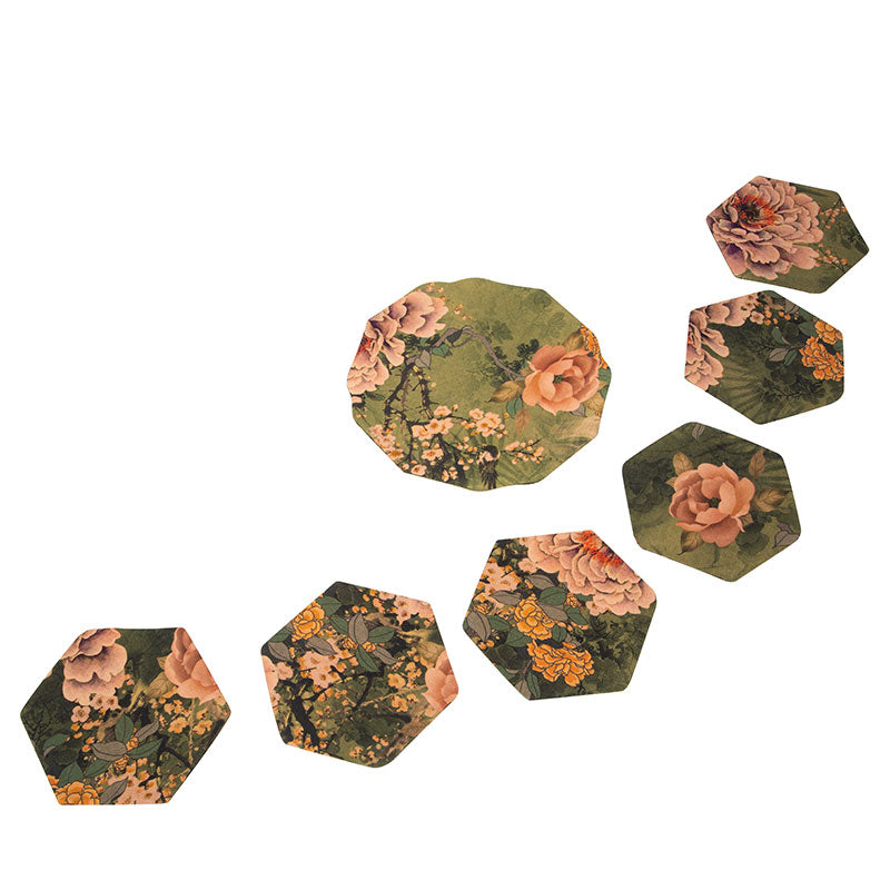 Teapot and Teacup Mat Set - Pink Flowers and Birds on Green Cloth - One Set • Teaware House