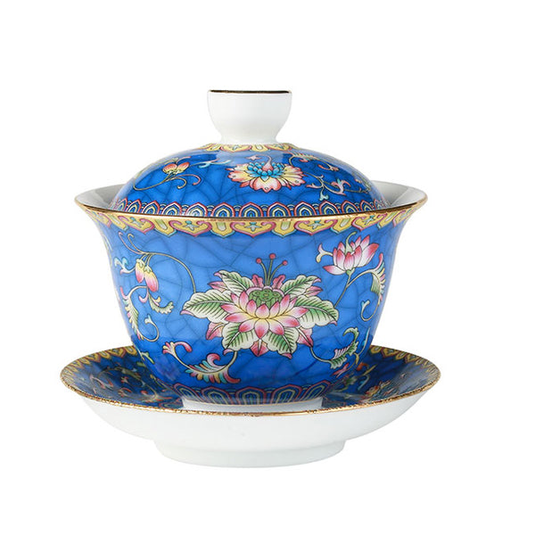 Entwined Lotus Pattern Indigo Blue Enamel Style Gaiwan 140ml -  • Teaware House