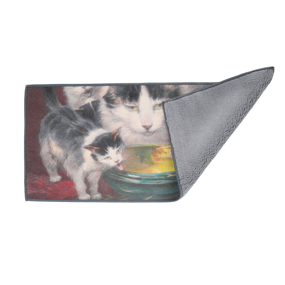Tea Towel with Painting -Cats Licking Soup Bowl - • Teaware House