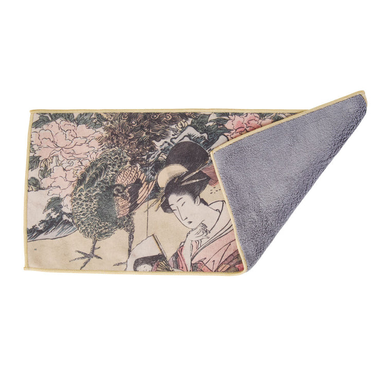 Tea Towel with Painting -Traditional Japanese woman with peacocks - • Teaware House