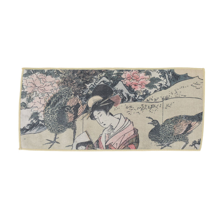 Tea Towel with Painting -Traditional Japanese woman with peacocks - • Teaware House