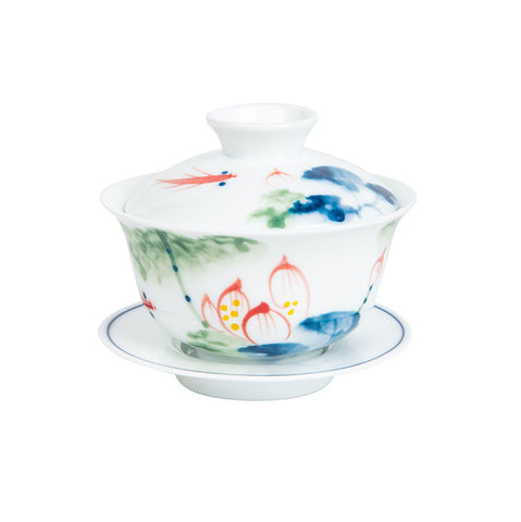 Red Lotus and Goldfish Porcelain Gaiwan 135ml -  • Teaware House